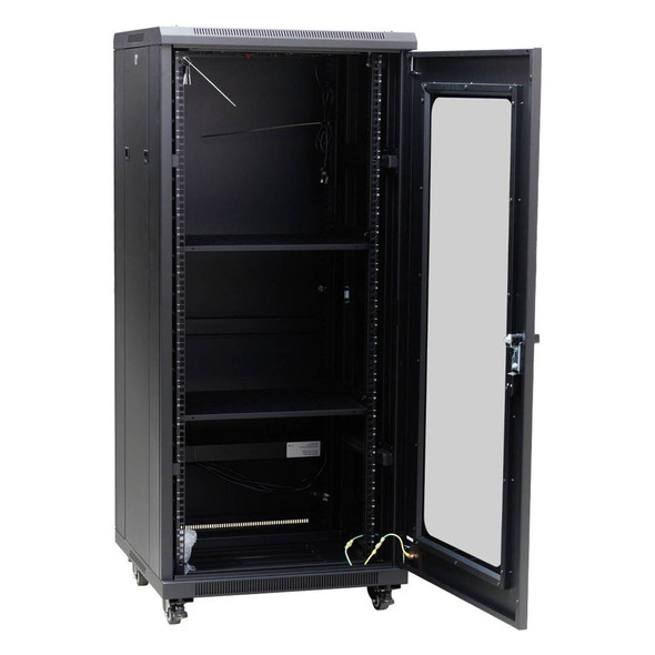 Inside view Datatek 24A27R66FPS showing 4 fans 2 shelves and PDU with toughened glass door opened