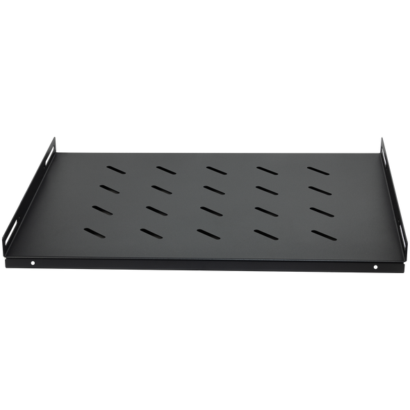Black fixed shelf with cage nuts included for greater weight capacity in data center