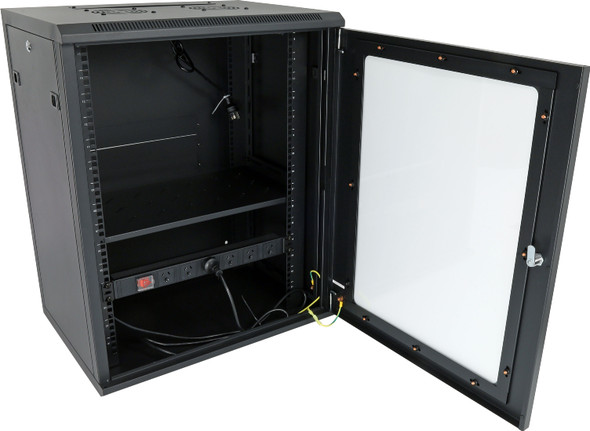 Open Datatek 24B15RW64FPS cabinet showing PDU and fixed shelf for networking equipment installation.