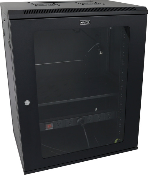 Datatek 24B15RW64FPS 15U wall mount cabinet front view with tempered glass door and black powder coated frame for 19" racks