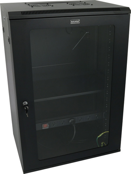 Datatek 24B18RW64FPS 18U wall mount cabinet front view with tempered glass door and black powder coated frame for 19" racks