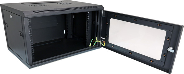 Open Datatek 24B6RW64 cabinet for networking equipment setup in small offices.