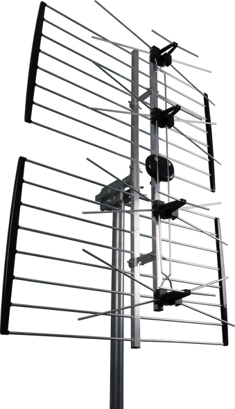 Front view of Digitek 01CUPA2LPOLY 36-element phased array UHF antenna, showcasing folding arms and F-Type balun for outer fringe reception