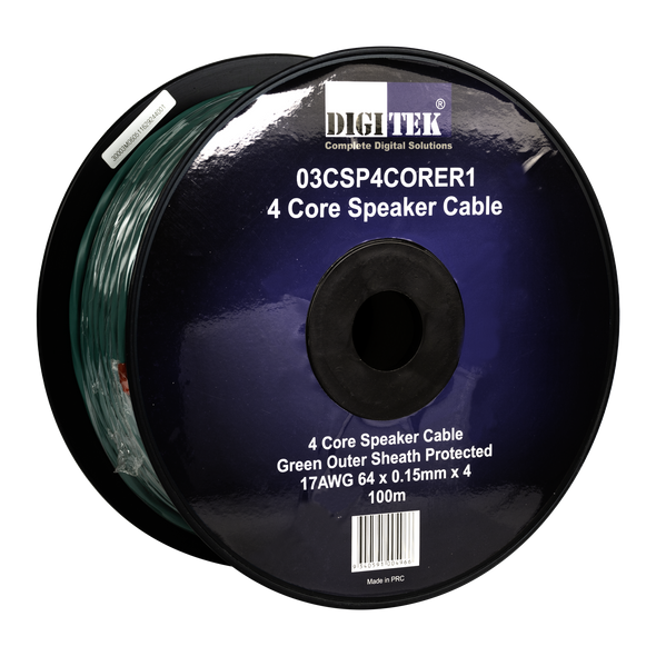 Digitek 03CSP4CORER1 4-core green speaker cable 100m reel with OFC strands, 7.5mm PVC jacket for high-fidelity home theater connections Digitek 03CSP4CORER1 4-core green speaker cable 100m reel with OFC strands, 7.5mm PVC jacket for high-fidelity home theater connections