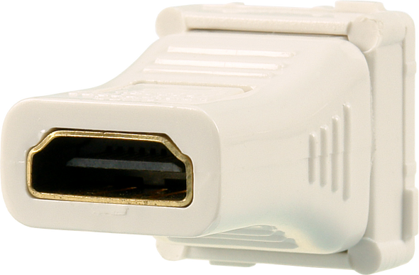 Close-up of Digitek HDMI insert gold-plated female ports and HDCP 2.2 label, straight-through for Clipsal/Digitek mounting Close-up of Digitek HDMI insert gold-plated female ports and HDCP 2.2 label, straight-through for Clipsal/Digitek mounting