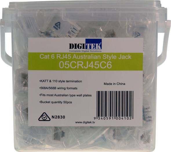 Digitek CAT6 RJ45 jack in 50pcs bucket, white 8P8C with 1-year warranty for professional installs and networking projects Digitek CAT6 RJ45 jack in 50pcs bucket, white 8P8C with 1-year warranty for professional installs and networking projects