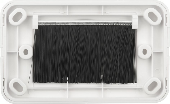 Profile shot of Digitek white bullnose wallplate showcasing robust ABS construction and dust-blocking black bristles Profile shot of Digitek white bullnose wallplate showcasing robust ABS construction and dust-blocking black bristles