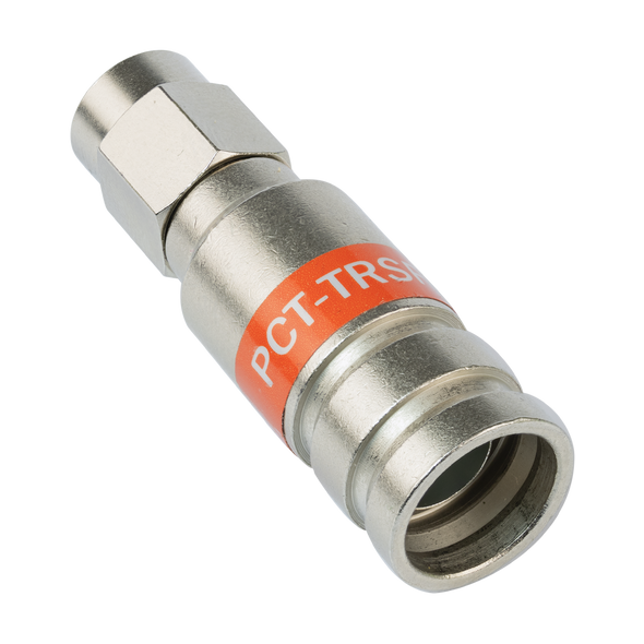 Close-up of PCT F11L F-Type connector showing patented split-ring washer and 360° compression rings for secure RG11 termination Close-up of PCT F11L F-Type connector showing patented split-ring washer and 360° compression rings for secure RG11 termination