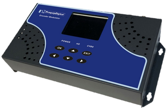Front panel of ProquipDigital 17HPHD1V4 modulator, displaying HDMI input, CVBS ports, and programmable menu for HD RF modulation