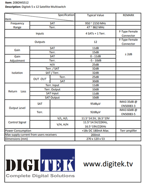 Digitek 20BDMS512 5x12 multiswitch specifications table Digitek 20BDMS512 5x12 multiswitch specifications table