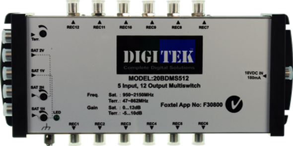 Digitek 20BDMS512 5x12 multiswitch in compact black housing with F-Type inputs/outputs, satellite/TV distribution for multi-room setups Digitek 20BDMS512 5x12 multiswitch in compact black housing with F-Type inputs/outputs, satellite/TV distribution for multi-room setups