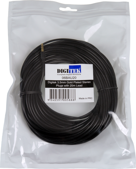 20m Digitek 3.5mm stereo audio lead in hang sell bag pack with label, multiple lengths with 1-year warranty 20m Digitek 3.5mm stereo audio lead in hang sell bag pack with label, multiple lengths with 1-year warranty