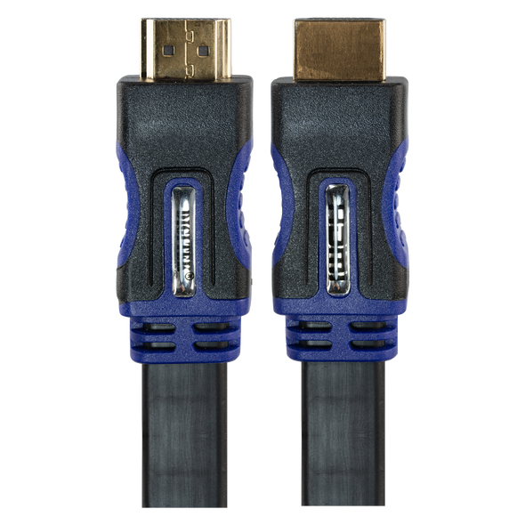 Close-up of Hills Antenna flat HDMI gold-plated male end and OFC conductors, slim PVC jacket for weather-tight 4K@60Hz transmission Close-up of Hills Antenna flat HDMI gold-plated male end and OFC conductors, slim PVC jacket for weather-tight 4K@60Hz transmission