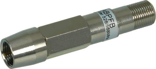 Digitek 09ABPFB band pass filter in silver compact housing with F-Type female-to-male connectors, 526-568 MHz pass for FTA TV protection