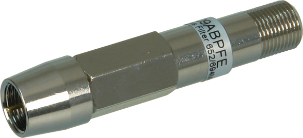Digitek 09ABPFE band pass filter in silver compact housing with F-Type female-to-male connectors, 652-694 MHz pass for FTA TV protection Digitek 09ABPFE band pass filter in silver compact housing with F-Type female-to-male connectors, 652-694 MHz pass for FTA TV protection