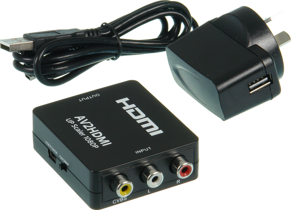 ProquipDigital 17HAV2HDMI mini composite to HDMI converter in compact black housing, RCA inputs to HDMI output for analog-to-HD upscaling ProquipDigital 17HAV2HDMI mini composite to HDMI converter in compact black housing, RCA inputs to HDMI output for analog-to-HD upscaling