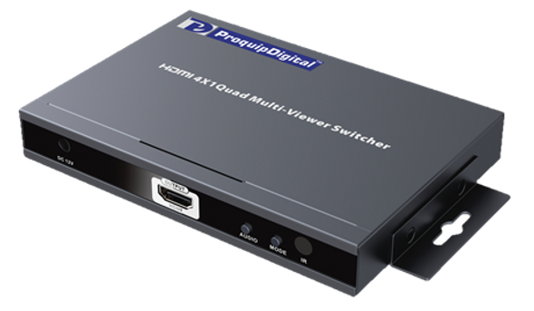 ProquipDigital 17HDMI41QMS 4x1 quad multiviewer switcher in black compact housing with 4 HDMI inputs, 1 output, and IR remote for multi-source monitoring ProquipDigital 17HDMI41QMS 4x1 quad multiviewer switcher in black compact housing with 4 HDMI inputs, 1 output, and IR remote for multi-source monitoring