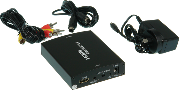 Close-up of ProquipDigital converter HDMI input, RCA composite, and S-Video outputs, PAL/NTSC compatible for seamless AV bridging Close-up of ProquipDigital converter HDMI input, RCA composite, and S-Video outputs, PAL/NTSC compatible for seamless AV bridging