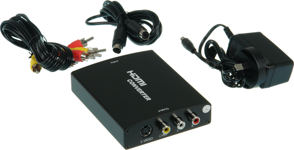 ProquipDigital 17HHDMI2AV HDMI to composite/S-Video converter in black compact housing, supporting 1080p input to analog output for legacy TVs ProquipDigital 17HHDMI2AV HDMI to composite/S-Video converter in black compact housing, supporting 1080p input to analog output for legacy TVs