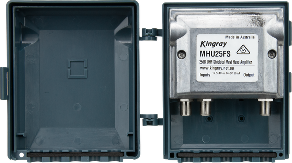 Close-up of Kingray MHU25FS 10dB gain dial and FM switch, 4G/LTE filtered for clean digital UHF signals Close-up of Kingray MHU25FS 10dB gain dial and FM switch, 4G/LTE filtered for clean digital UHF signals