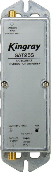 Kingray SAT25S 25dB Gain Distribution Amplifier, Single Input, 950-2400MHz Frequency Range, local or remotely powered