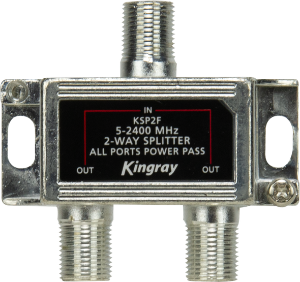 Kingray KSP2F 2-way splitter in compact zinc housing with F-Type ports, simple divider for home TV and satellite signals Kingray KSP2F 2-way splitter in compact zinc housing with F-Type ports, simple divider for home TV and satellite signals