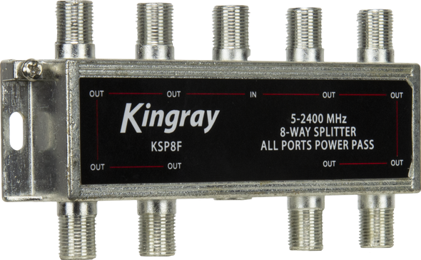 Side view of Kingray KSP8F input and eight power-pass outputs, simple F-Type setup for even sharing Side view of Kingray KSP8F input and eight power-pass outputs, simple F-Type setup for even sharing