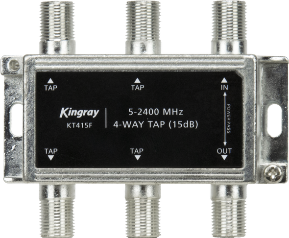 Kingray KT415F 4-way 15dB tap featuring F-Type ports, zinc die-cast housing for 5-2400 MHz TV/satellite signal splitting