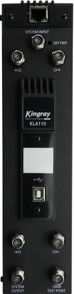 Close-up of Kingray KLA110 F-Type input/output ports and -30dB test point on programmable amplifier module