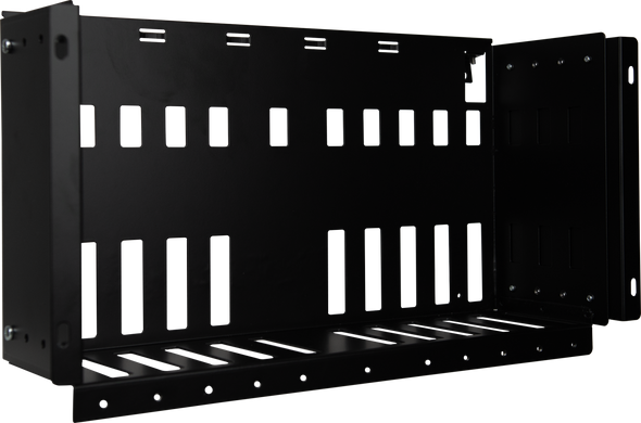 Close-up of reversible side support brackets on Kingray KR110 rack, showing wall-mount and 19-inch rack compatibility Close-up of reversible side support brackets on Kingray KR110 rack, showing wall-mount and 19-inch rack compatibility