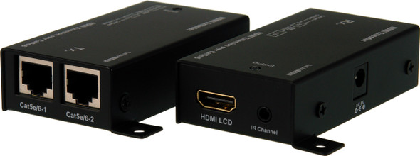 Close-up of ProquipDigital HDMI extender ports showing HDMI 1.4a inputs, RJ45 CAT6 connections, and IR terminals for bidirectional contro Close-up of ProquipDigital HDMI extender ports showing HDMI 1.4a inputs, RJ45 CAT6 connections, and IR terminals for bidirectional contro