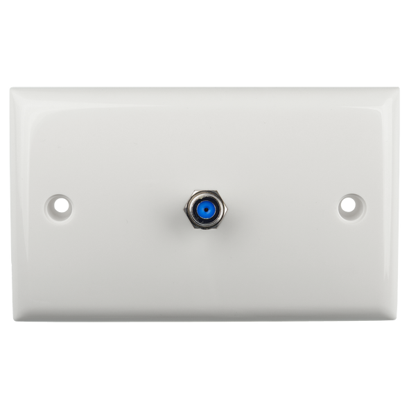 Close-up of Digitek 3GHz F Type female to female barrel in white ABS wall plate, high-frequency signal passthrough