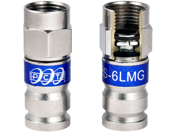 Detailed view of PCT TRS-6LMG brass F connector showing dual O-rings and metal compression rings for moisture protection Detailed view of PCT TRS-6LMG brass F connector showing dual O-rings and metal compression rings for moisture protection
