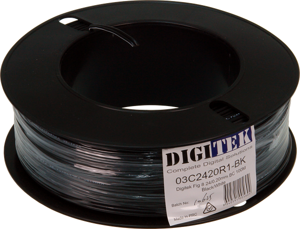 Digitek 100m black 18 AWG figure-8 audio cable wound on labeled plastic reel for convenience Digitek 100m black 18 AWG figure-8 audio cable wound on labeled plastic reel for convenience