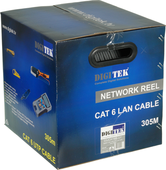 Digitek CAT6 305-meter grey ethernet cable in convenient reel-in-box display packaging, RCM approved Digitek CAT6 305-meter grey ethernet cable in convenient reel-in-box display packaging, RCM approved