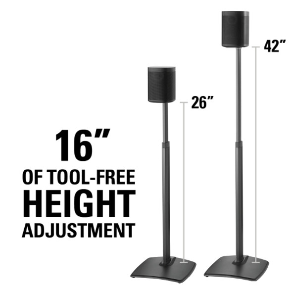 Closeup of tool-free 16-inch height slider on SANUS WSSA2 stand with Sonos PLAY:1 mounted