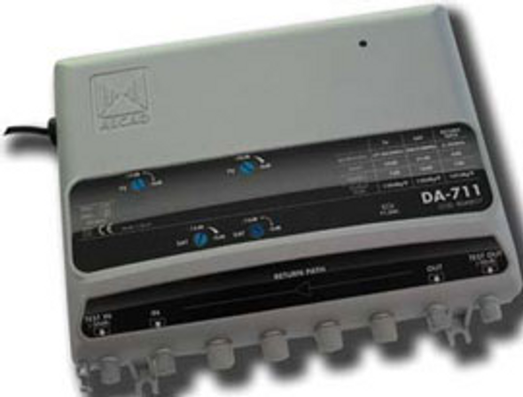 Closeup of gain slope controls and test points on Alcad DA-711 for easy signal adjustments