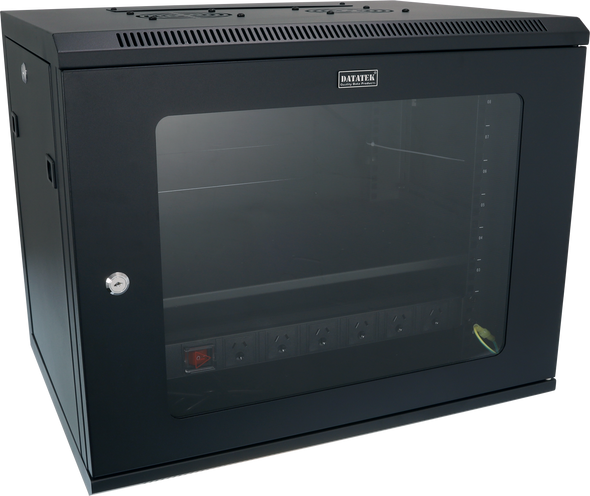 Datatek 24B9RW64FPS 9U wall mount cabinet front view with tempered glass door and black powder coated steel frame for 19" racks