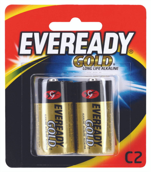 Eveready Gold A95BP2 2-pack batteries in original blister packaging, highlighting the brand logo and device compatibility icons for remotes and radios