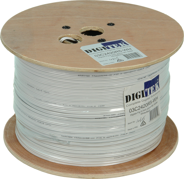 Timber reel of Digitek 18 AWG figure 8 cable in white PVC jacket ready for home theater setup Timber reel of Digitek 18 AWG figure 8 cable in white PVC jacket ready for home theater setup