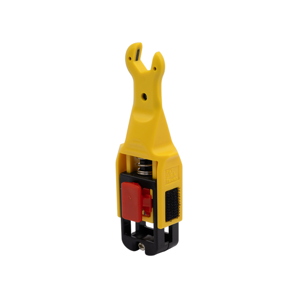Hanlong HT-363G combination cable stripper front angle view showing 2-blade coax design and 7/16” F-connector wrench for RG59/6 cables