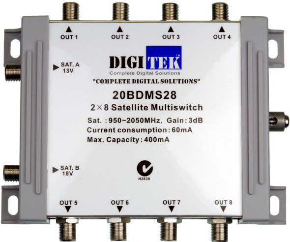 Digitek High-gain reliable low-power 2x8 Satellite Multiswitch for multi-TV setups with dual voltage support