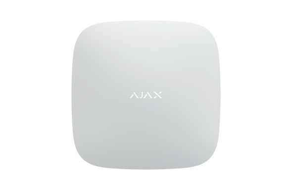 White Ajax Hub 2 control panel with Ethernet and dual 4G, supporting 100 devices and photo verification for security