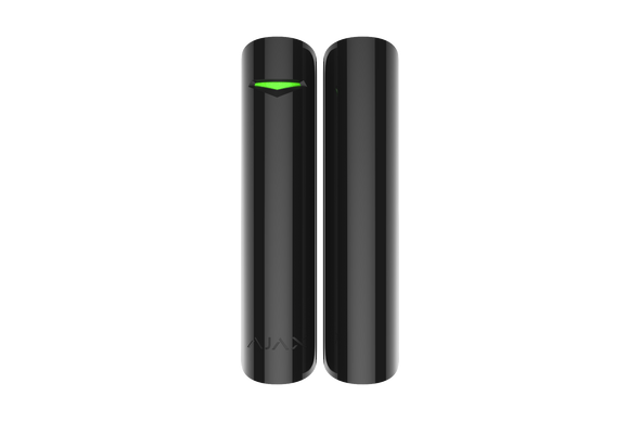 Black Ajax DoorProtect 2-way wireless reed sensor for doors/windows, featuring 1,200m range and 7-year battery