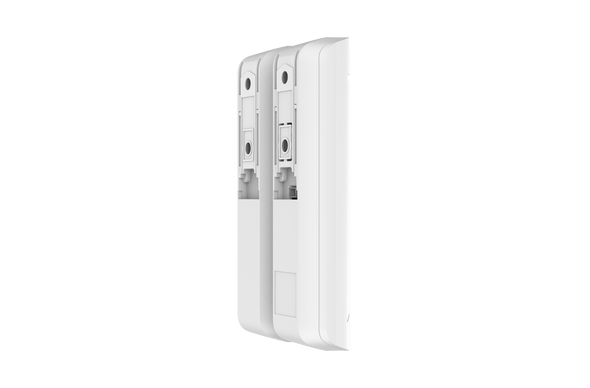Side view of Ajax DoorProtect Plus white sensor detecting tilt angle, with 5-year battery and anti-jamming frequency hopping