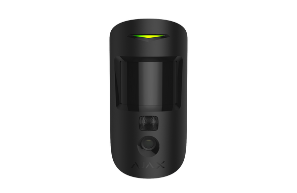 Black Ajax MotionCam 2-way wireless PIR motion detector with built-in camera for photo alarm verification.