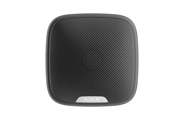 Black Ajax StreetSiren 2-way wireless outdoor siren with LED strobe and 113 dB buzzer for security alerts