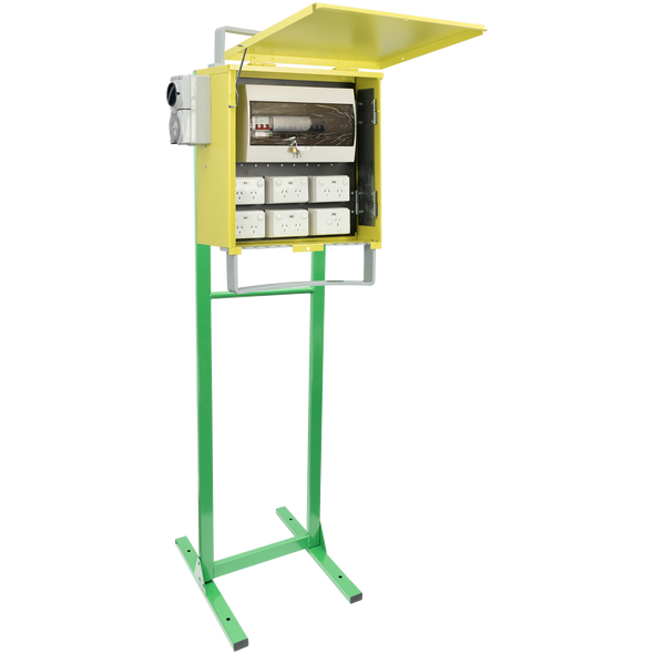 Assembled Digitek 27MBTS3P 3-phase temporary meter box on stand, showcasing 1875mm height and external 32A socket for site power