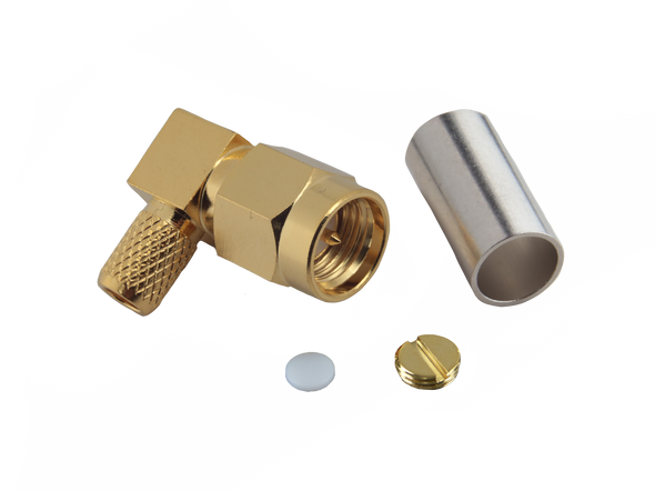 Hills Antenna SMA Connector Male Right Angle Crimp for LL195 & RG-58 Mini Cable - Gold Plated Body