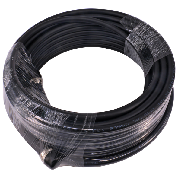 Full view of of the black UV-stabilised 15-metre LL400 coax cable with UHF male connectors, suited for broader radio or antenna reaches Full view of of the black UV-stabilised 15-metre LL400 coax cable with UHF male connectors, suited for broader radio or antenna reaches
